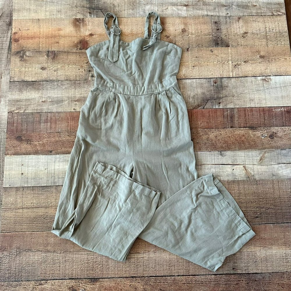 Japna Solid Green Jumpsuit Jumper Sleeveless Overall with Shirred Back Detail -M